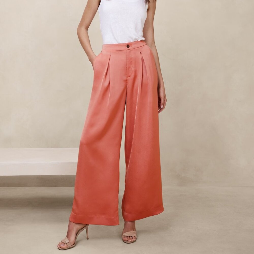 PEACH SATIN PLEATED WIDE-LEG PANT